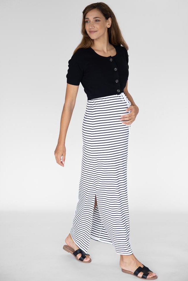 Sleeveless Maternity & Nursing Maxi Dress - White and Navy Stripes with black top (4827650162782)