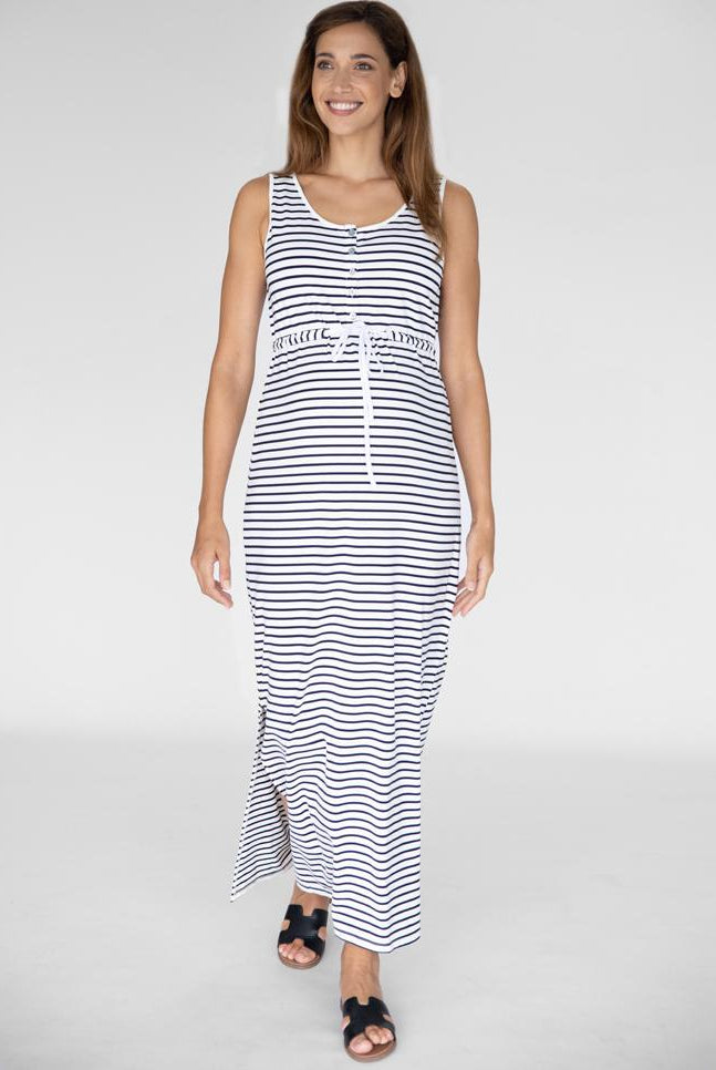 Full view - Sleeveless Maternity & Nursing Maxi Dress - White and Navy Stripes (4827650162782)