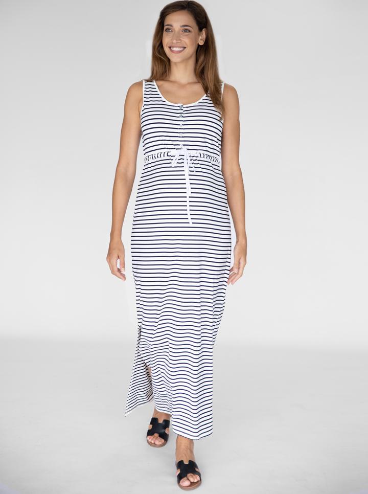 Full view - Sleeveless Maternity & Nursing Maxi Dress - White and Navy Stripes (4827650162782)