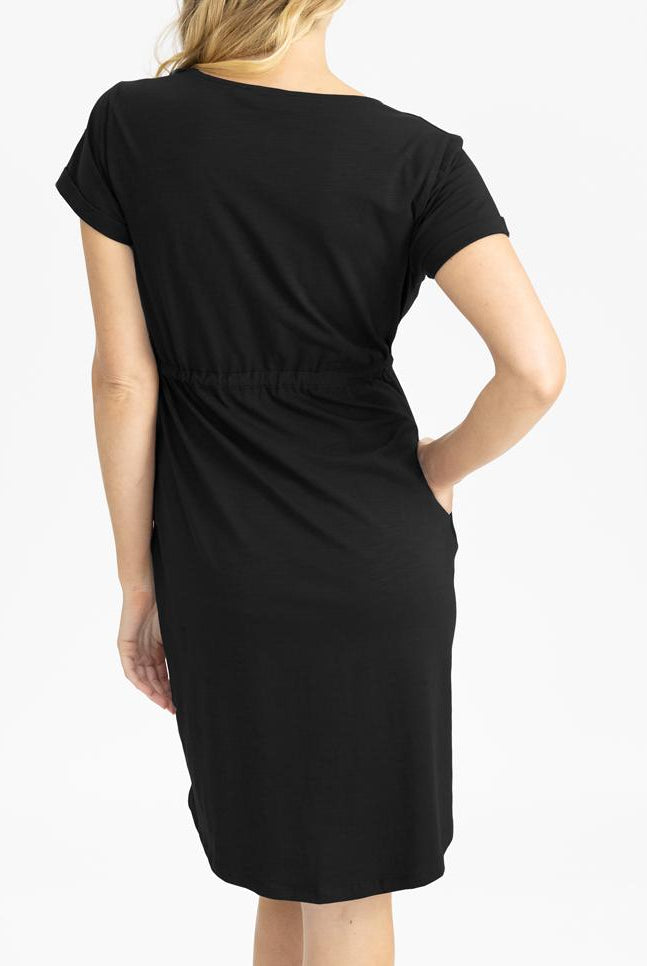 Back view - Maternity & Nursing Zipper Drawstring Dress in Black (4828537782366)