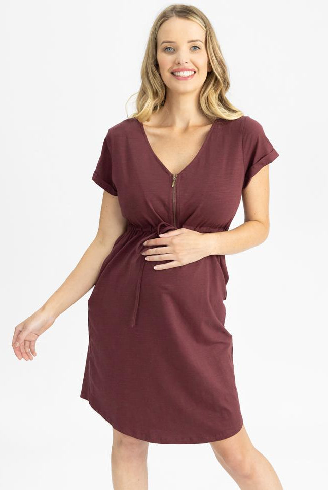 Main view - Zipper Drawstring Maternity & Nursing Dress in Burgundy (4801469055070)