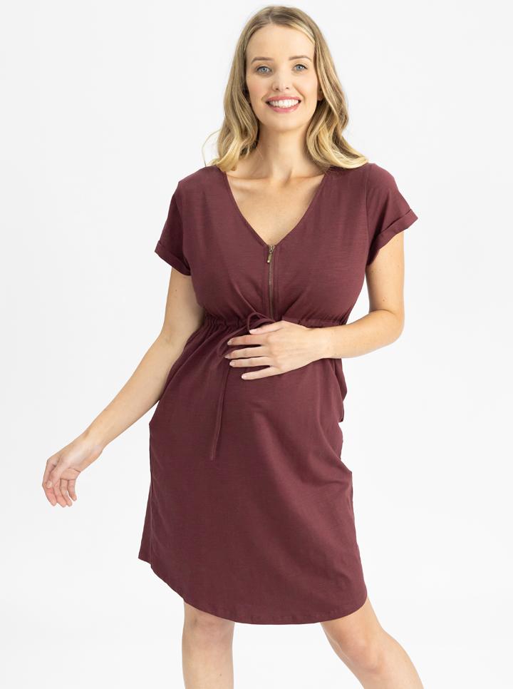 Main view - Zipper Drawstring Maternity & Nursing Dress in Burgundy (4801469055070)