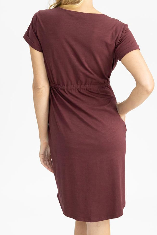 Back view - Zipper Drawstring Maternity & Nursing Dress in Burgundy (4801469055070)