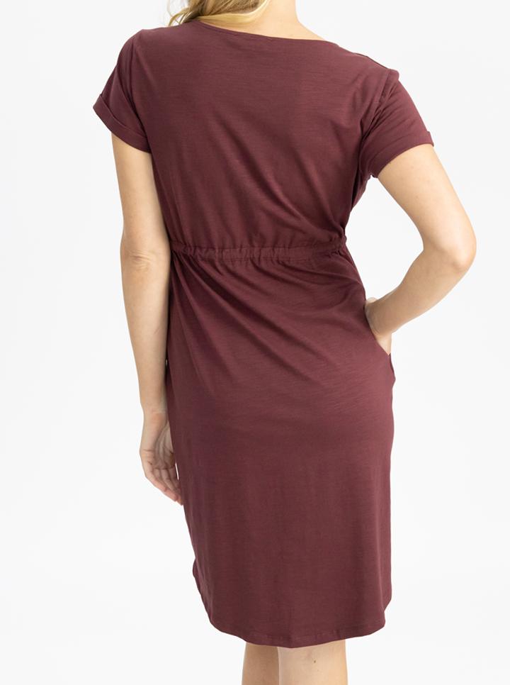 Back view - Zipper Drawstring Maternity & Nursing Dress in Burgundy (4801469055070)