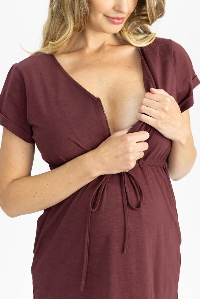 Nursing friendly - Zipper Drawstring Maternity & Nursing Dress in Burgundy (4801469055070)