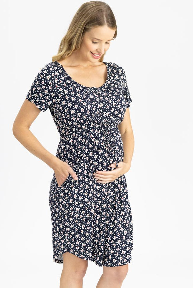 Side view - Maternity and Nursing Short Sleeve Dress in Navy - Angel Maternity USA (4801470005342)