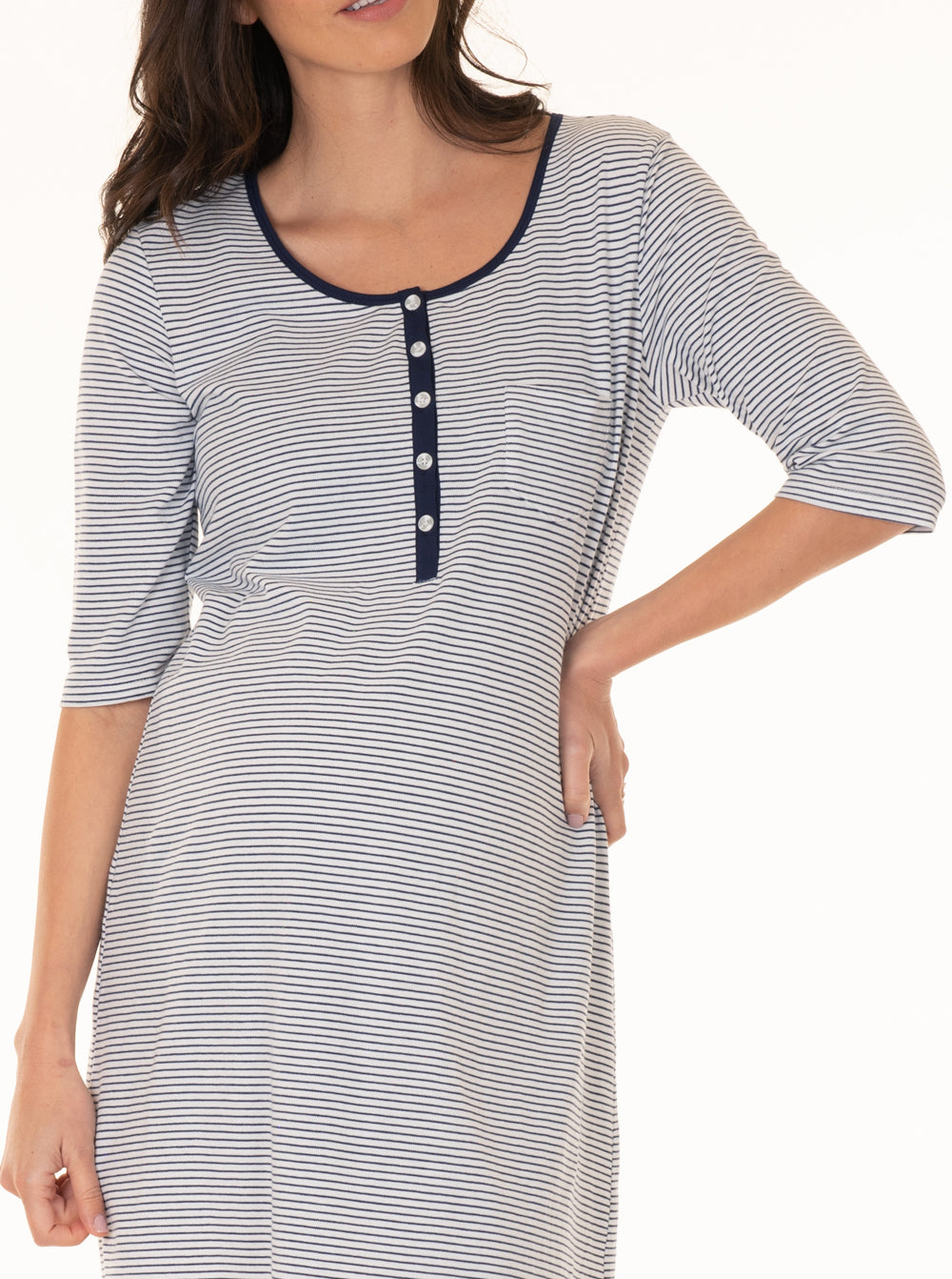 Button Front Nursing Sleep Dress - Navy Stripes - Angel Maternity USA (4372294664286)
