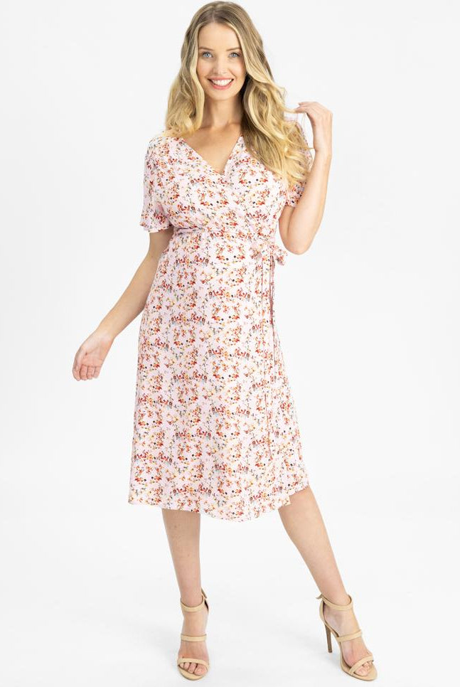 Main view - Pink Floral Print Maternity and Nursing Wrap Dress (4802020507742)