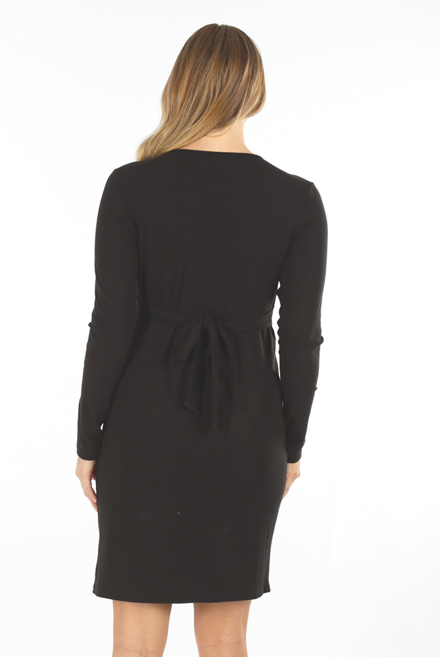 Black Long Sleeves Maternity Crossover Neckline & Tie Waist Nursing Wrap Dress (6618200309854)