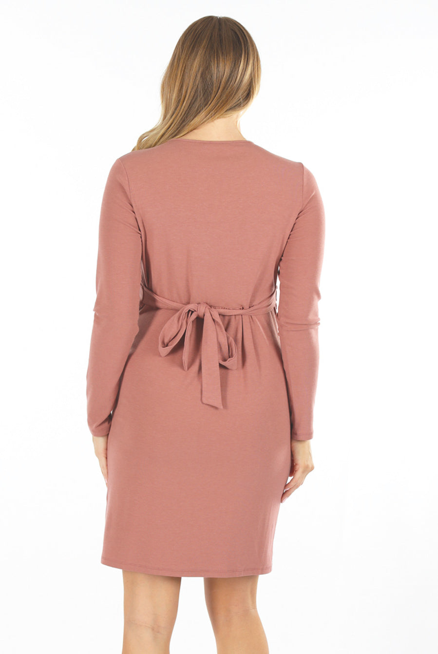 Pink Long Sleeves Maternity Crossover Neckline & Tie Waist Nursing Wrap Dress - Back View (6618200375390)