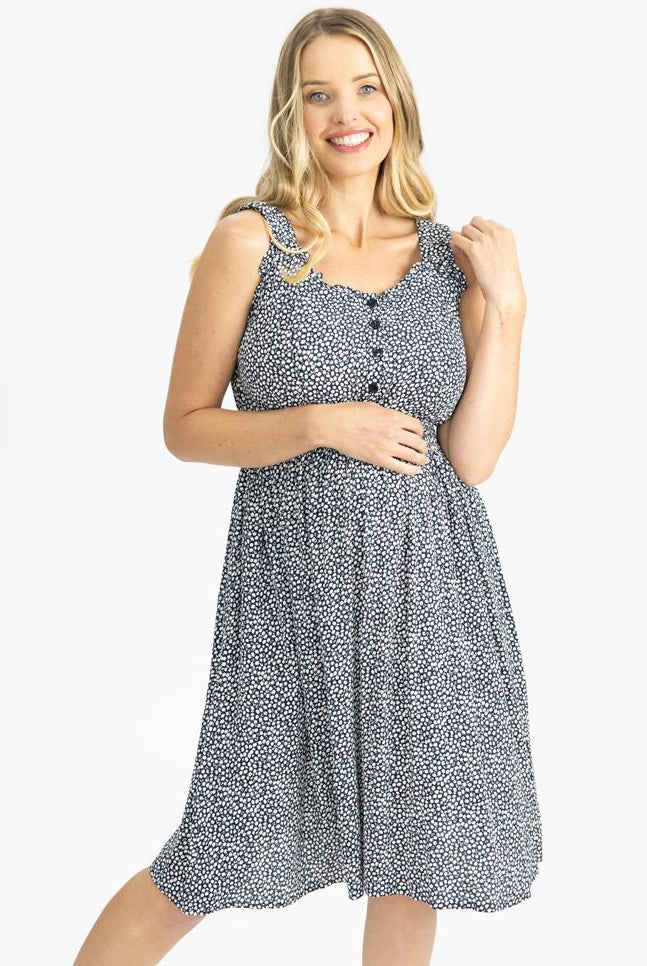 Maternity Summer Rayon Nursing Dress in Navy white pattern (4802025947230)