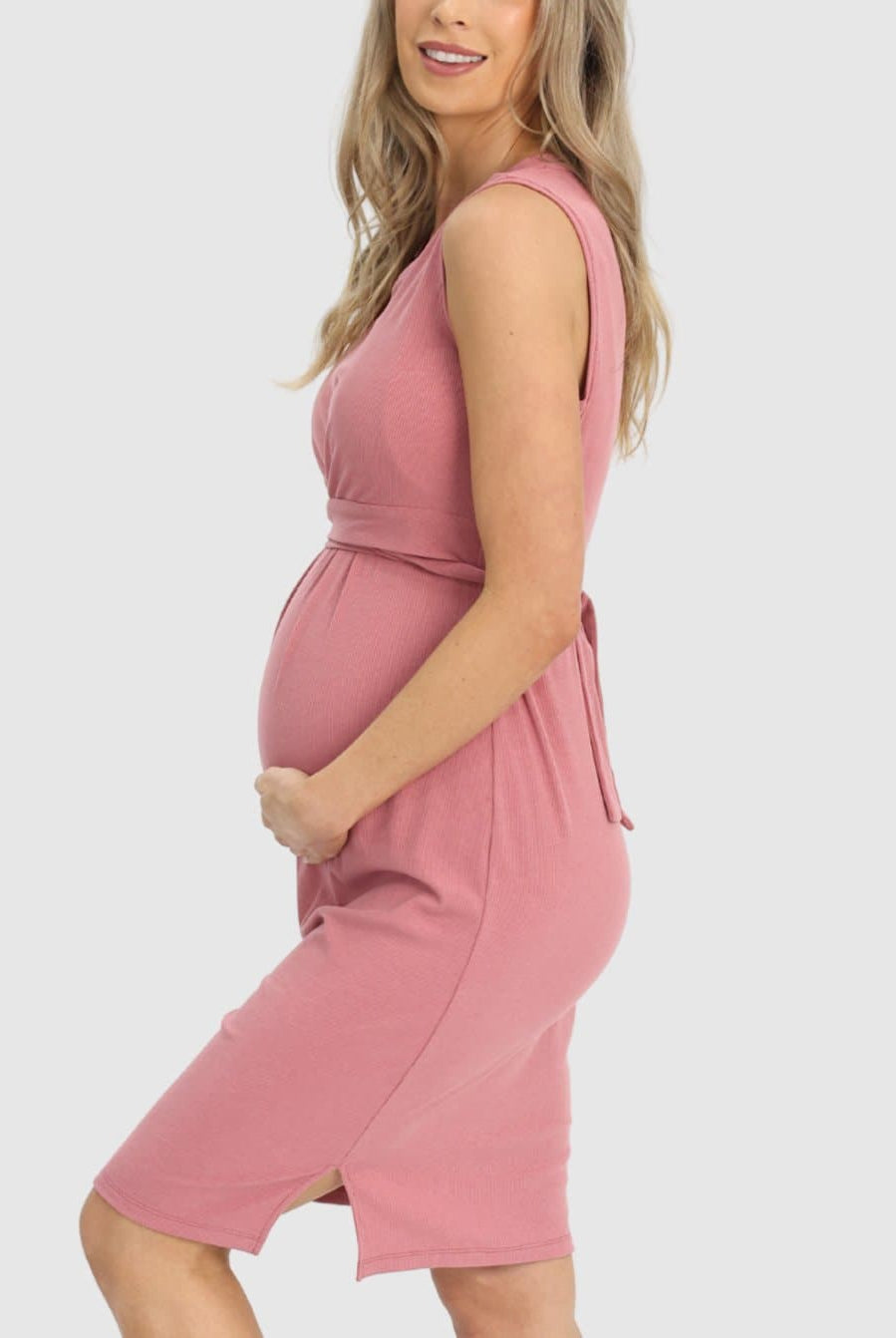 Side view - Sleeveless Maternity and Nursing Tie Knot Dress in Rose Pink (6640546119774)