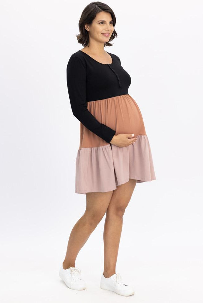 Side view - Maternity Tiered Dress Long Sleeve in Multi Colour (6640277258334)