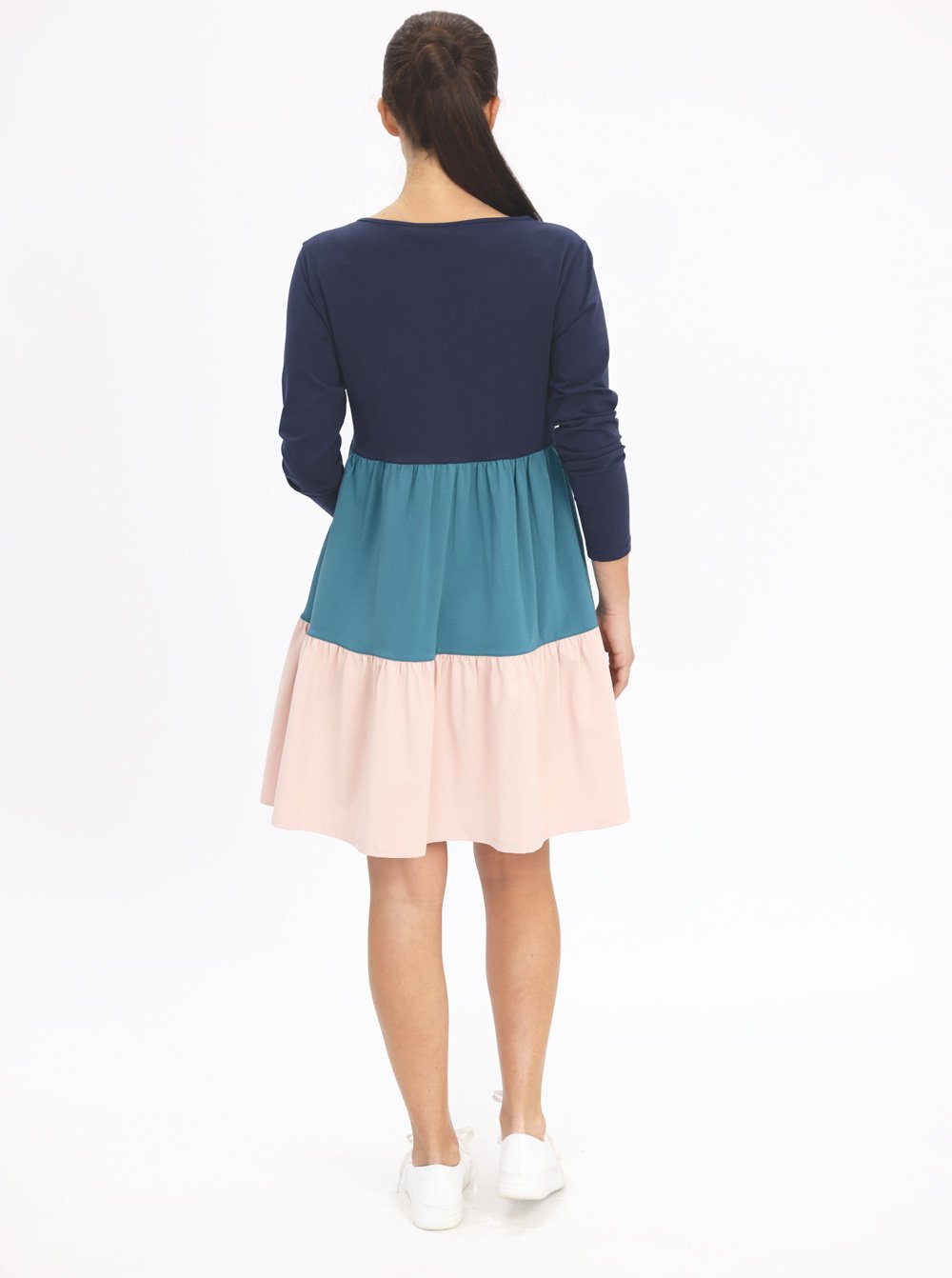 Back view - Maternity Tiered Long Sleeve Dress in Multi Color (6640283844702)