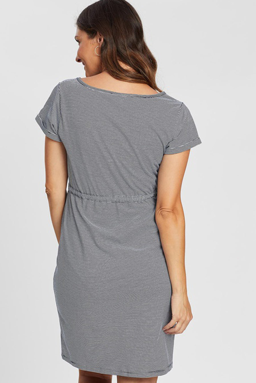 Back view - Maternity & Nursing Drawstring Dress in Navy Stripes (4372211597406)