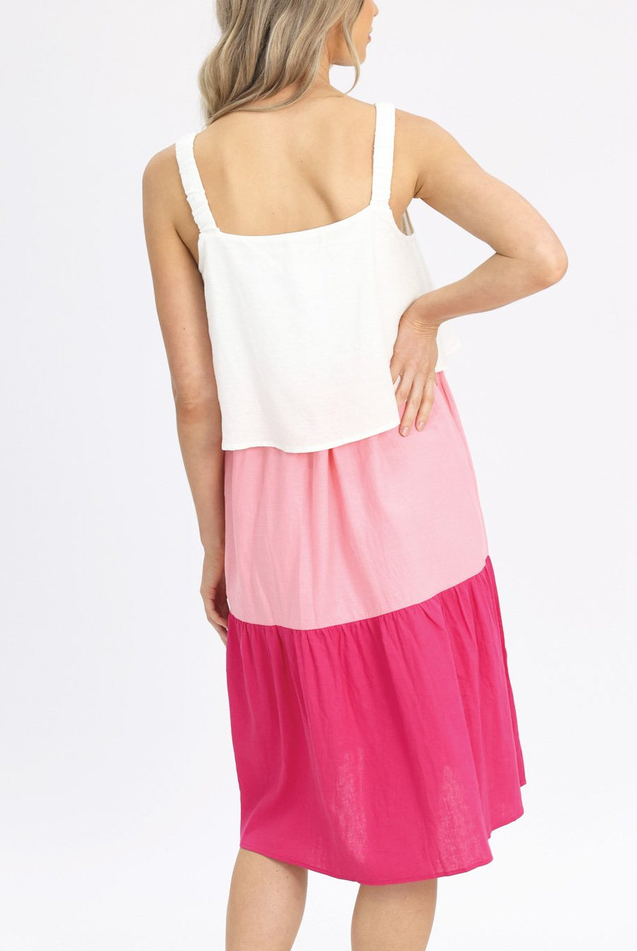 Back view - Sleeveless Maternity & Nursing Linen Tiered Dress (6639705686110)