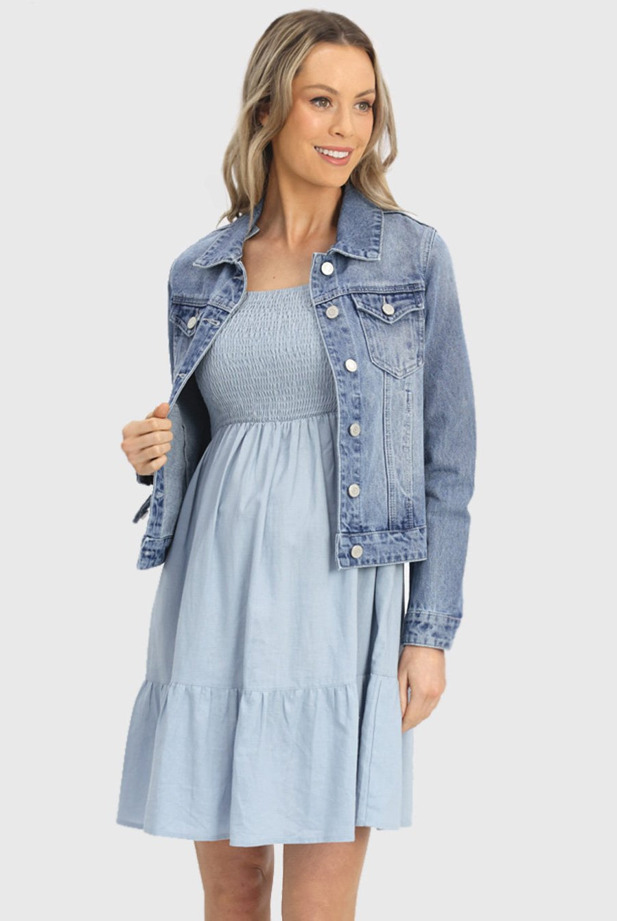 Front view - Maternity Chambray Sleeveless Sundress in Light Blue (6639694970974)