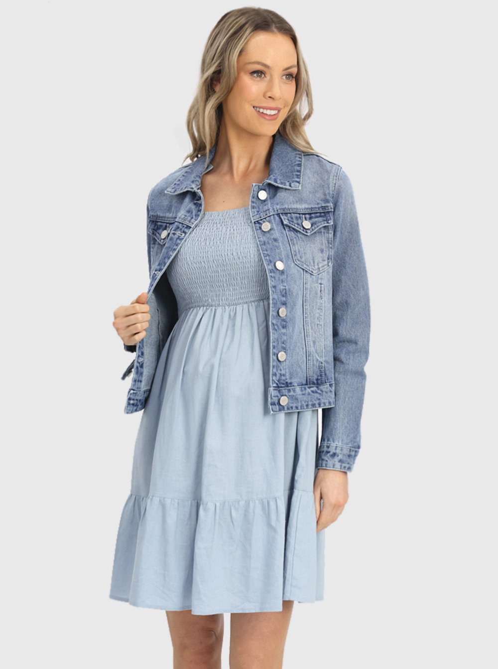 Front view - Maternity Chambray Sleeveless Sundress in Light Blue (6639694970974)