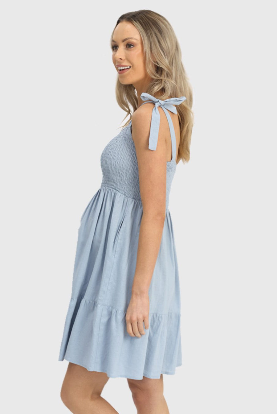 Side view - Maternity Chambray Sleeveless Sundress in Light Blue (6639694970974)