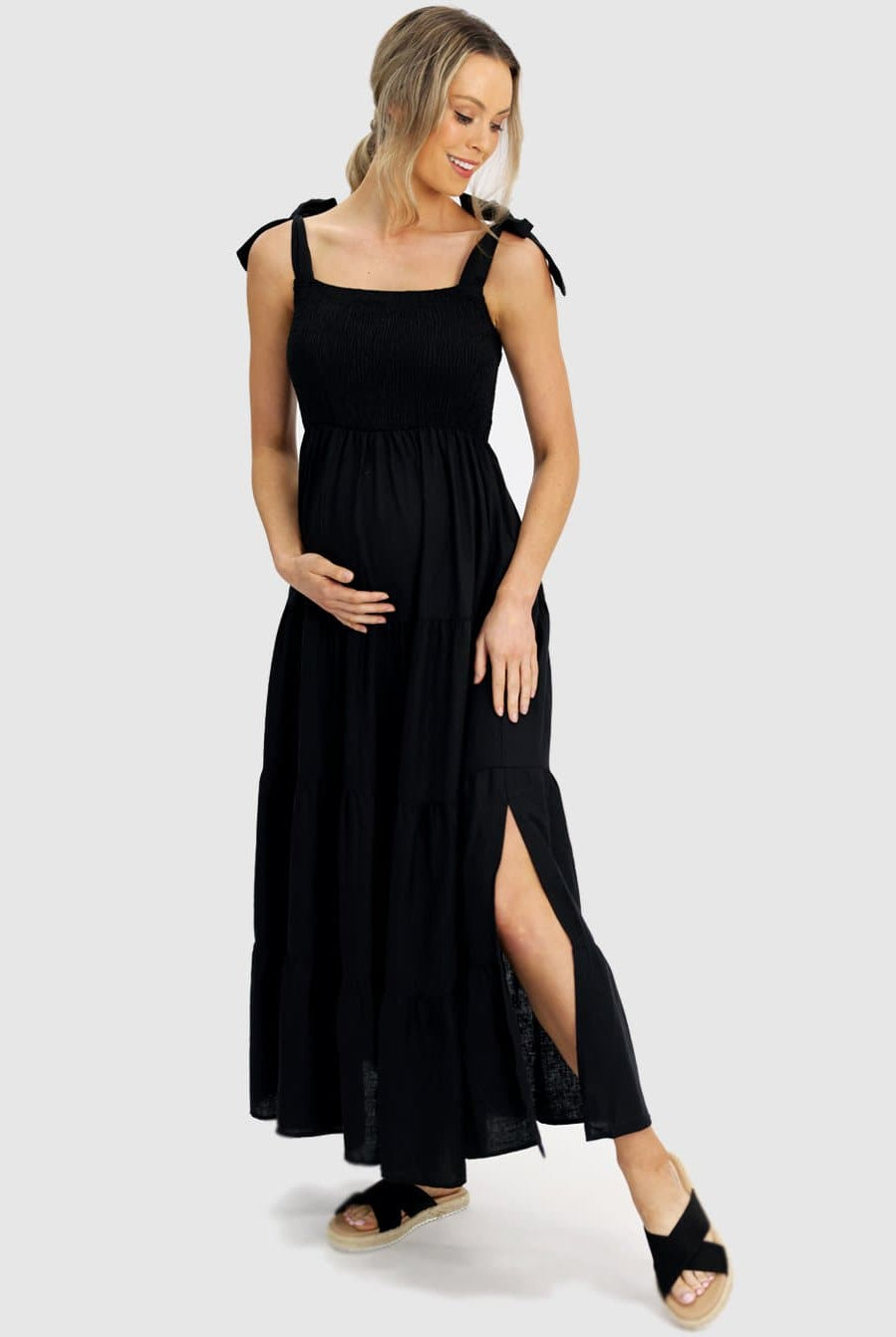 Black Maternity Linen Dress with Shoulder Tie - Angel Maternity (6639704571998)