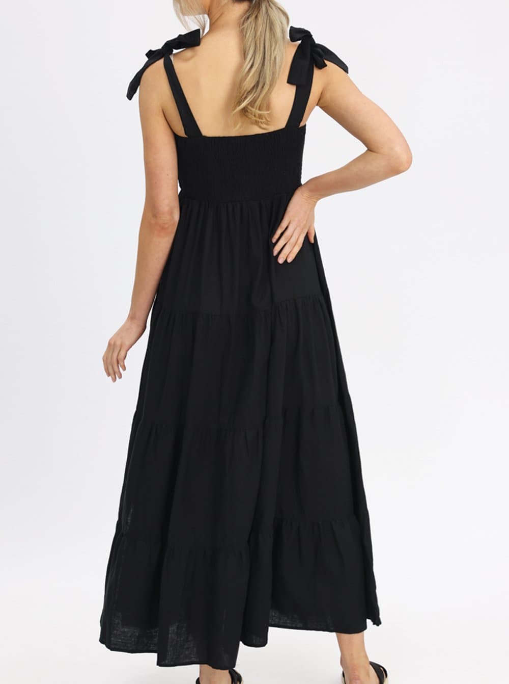Back view - Lilliana Black Linen Maternity Maxi Dress - Shoulder Tie (6639704571998)