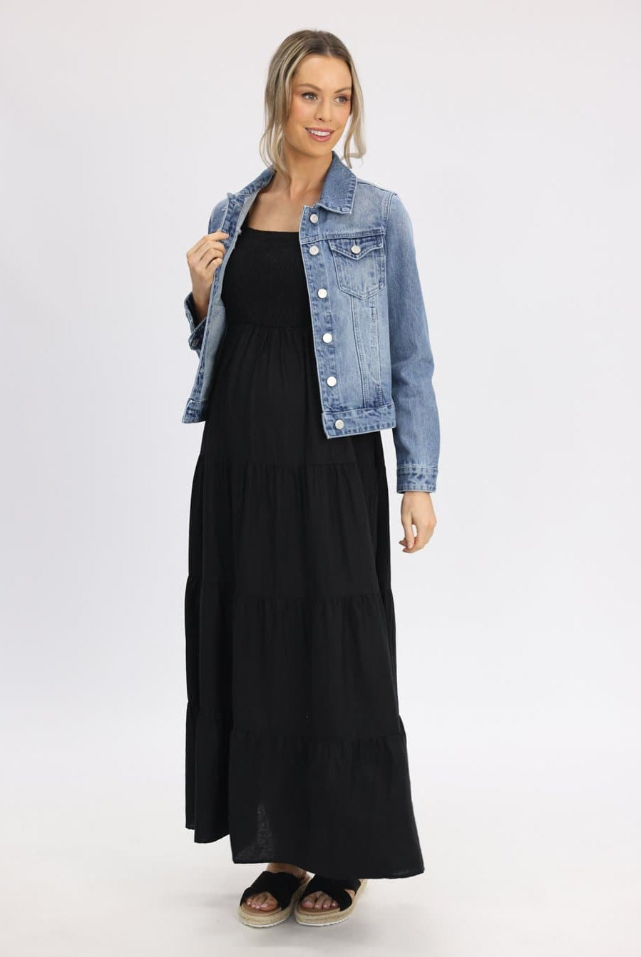 Full view - Lilliana Black Linen Maternity Maxi Dress - Shoulder Tie (6639704571998)