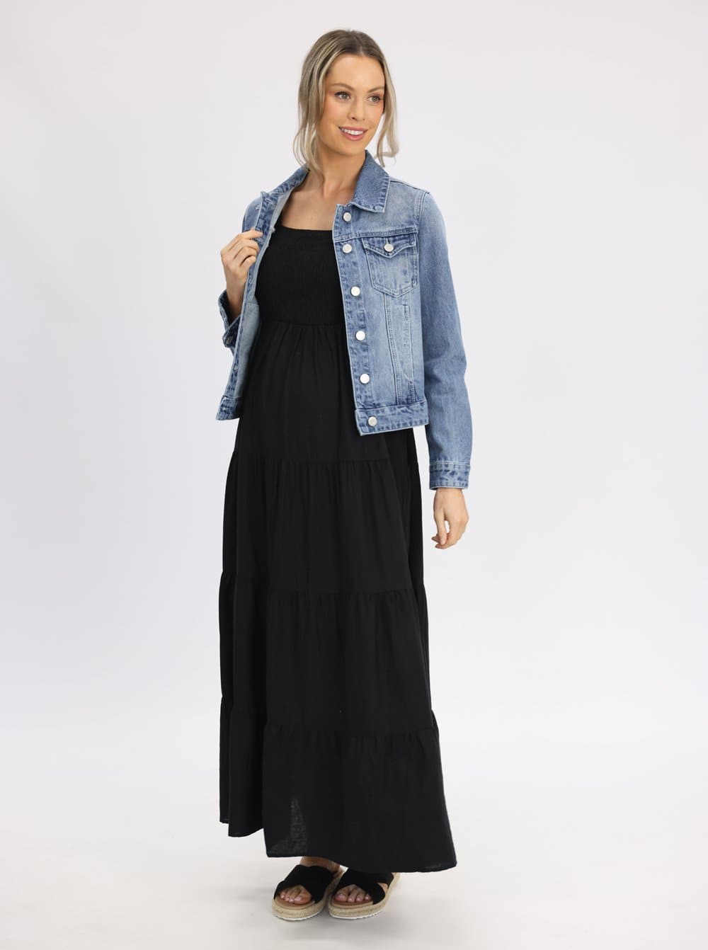 Full view - Lilliana Black Linen Maternity Maxi Dress - Shoulder Tie (6639704571998)