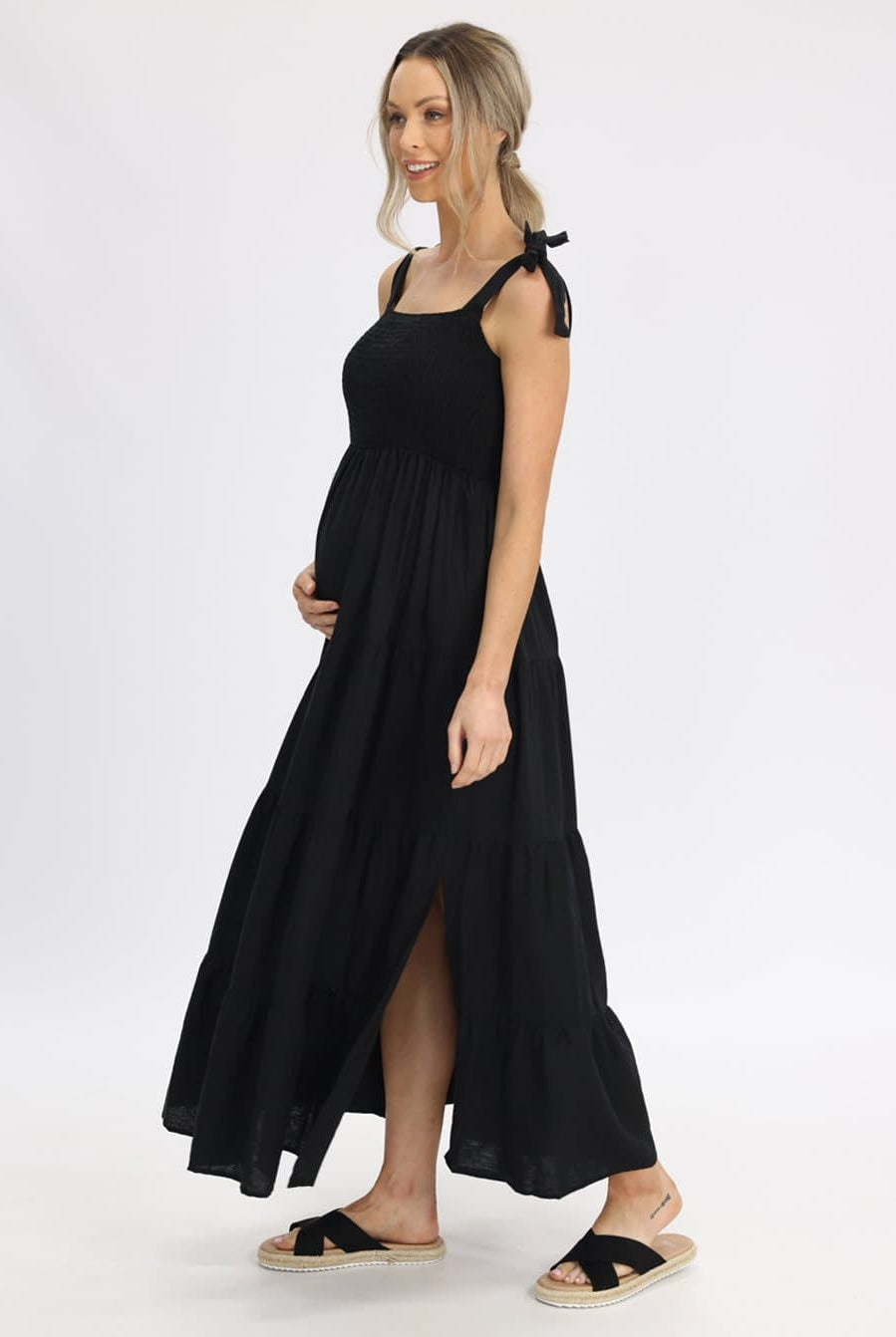 Side view - Lilliana Black Linen Maternity Maxi Dress - Shoulder Tie (6639704571998)