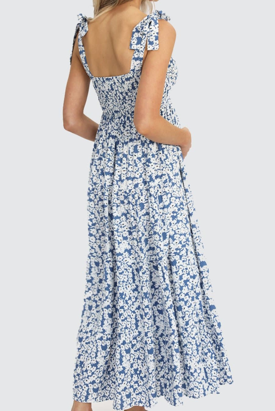 Back view - Lilliana Blue Floral Sleeveless Maternity Maxi Dress (6656900989022)