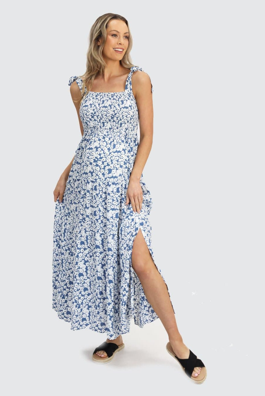 Front view - Lilliana Blue Floral Sleeveless Maternity Maxi Dress (6656900989022)