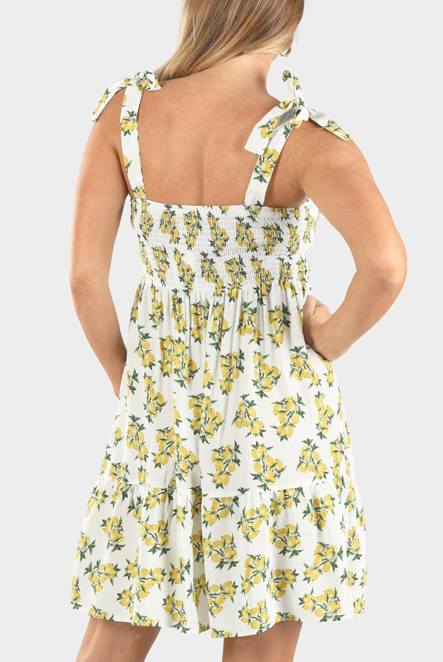 Back view - Maternity Summer Shirred Lemon print Nursing Dress . (6639695036510)