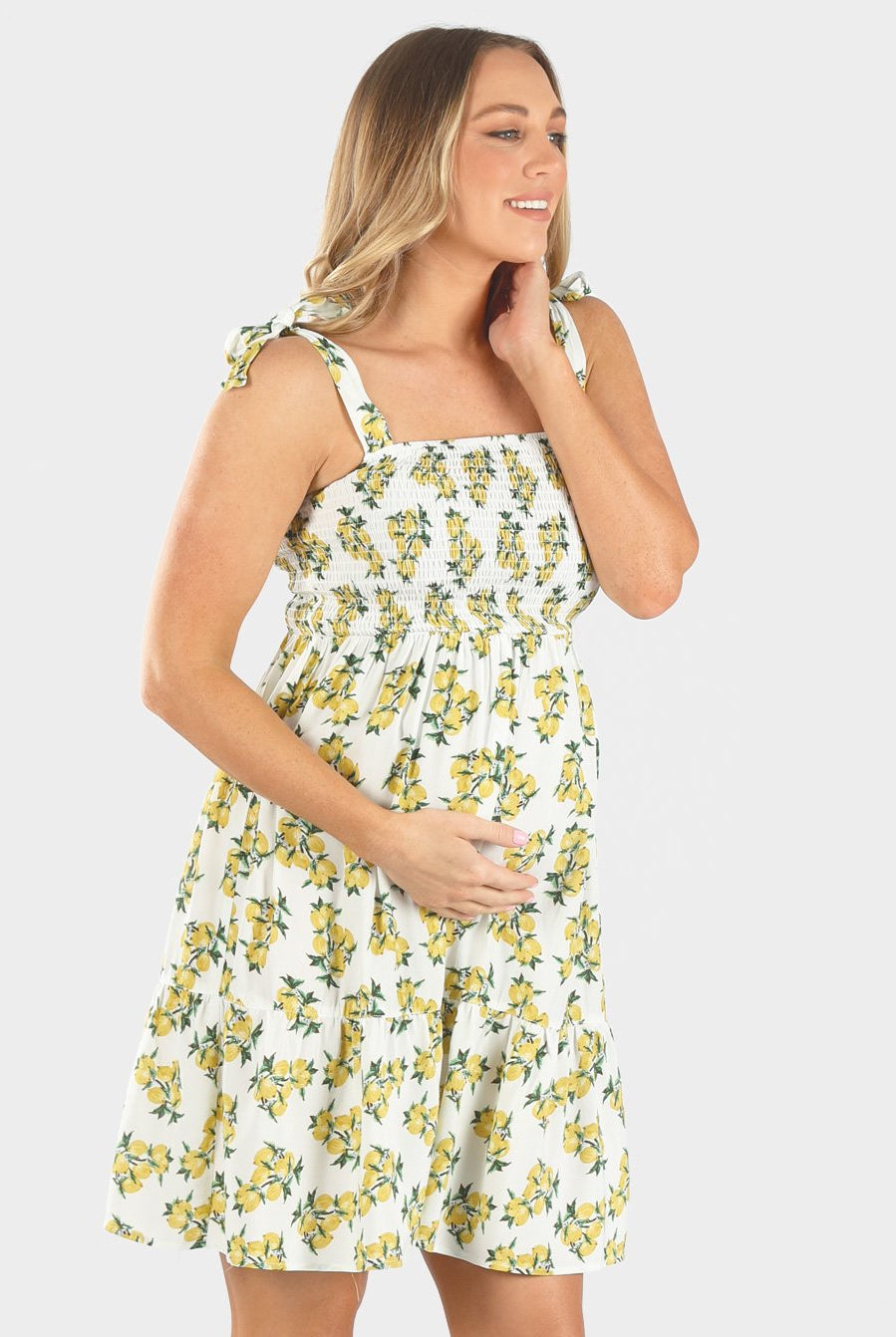 Side view - Maternity Summer Shirred Lemon print Nursing Dress . (6639695036510)