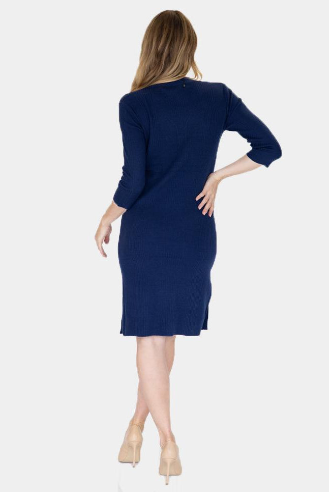 Back view - Maternity Button Front Nursing Knit Ribbed Dress in Navy (6648640045150)
