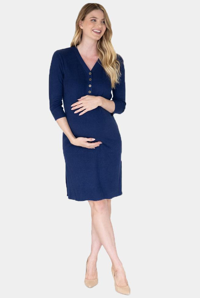 Main view - Maternity Button Front Nursing Knit Ribbed Dress in Navy (6648640045150)