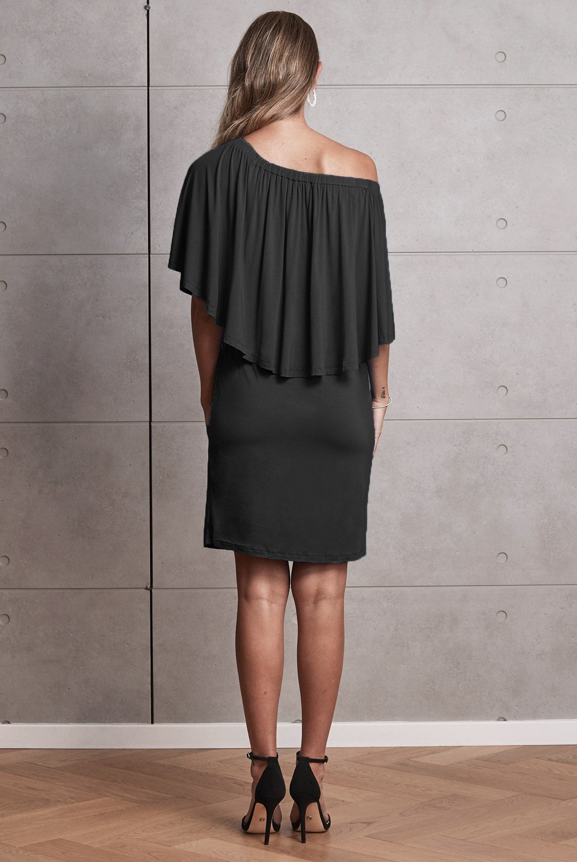 Back View - A pregnant Woman in 4 Ways Off Shoulder Black Maternity Dress