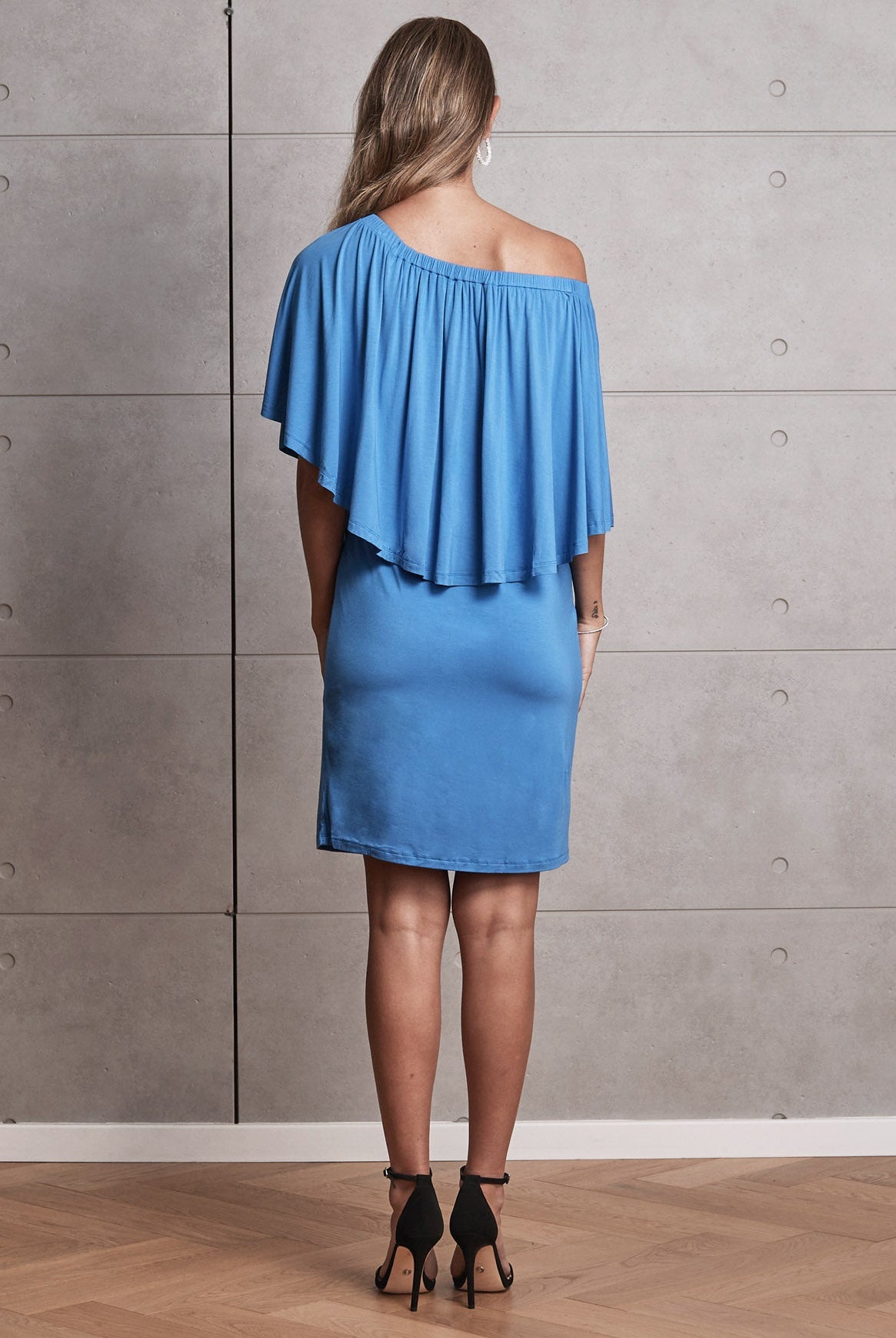 Back View - A pregnant Woman in 4 Ways Off-Shoulder Blue Maternity Dress