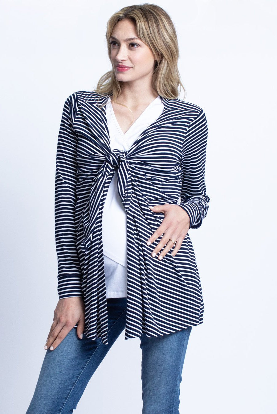 Maternity Waterfall Long Cardigan - Navy Stripes (4802027094110)