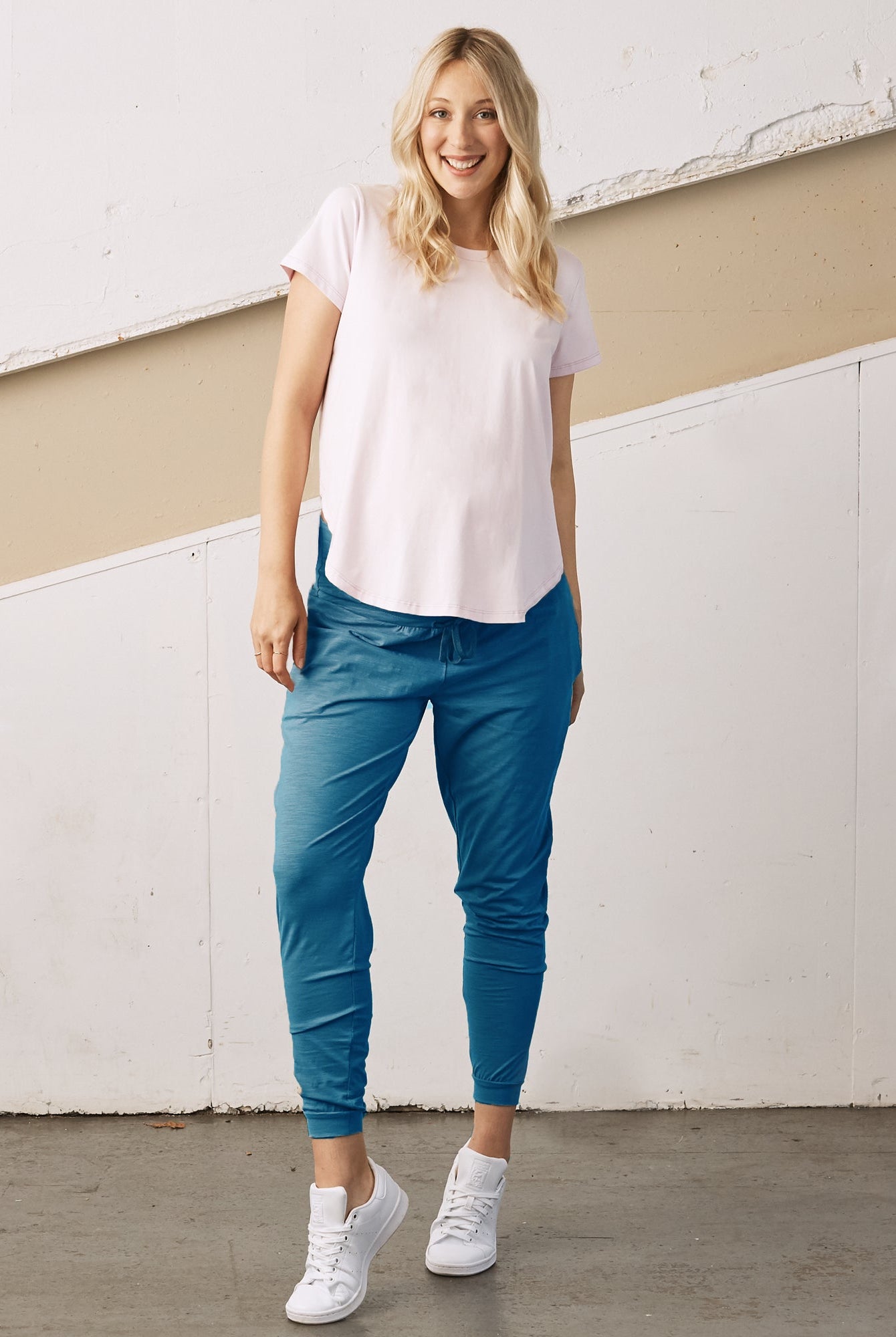 Front view - Maternity-Cotton-bamboo-high-waste-pants-blue