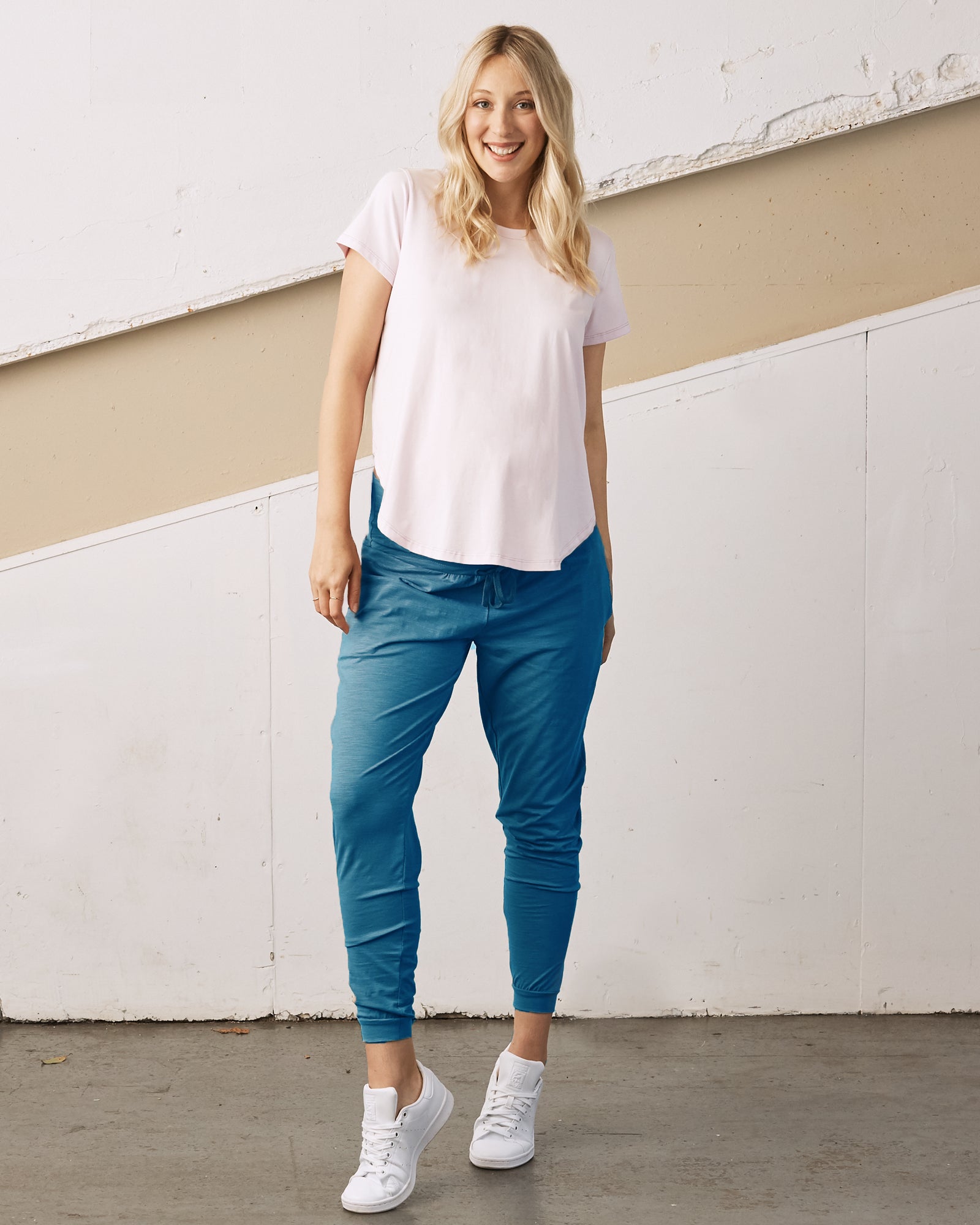 Front view - Maternity-Cotton-bamboo-high-waste-pants-blue