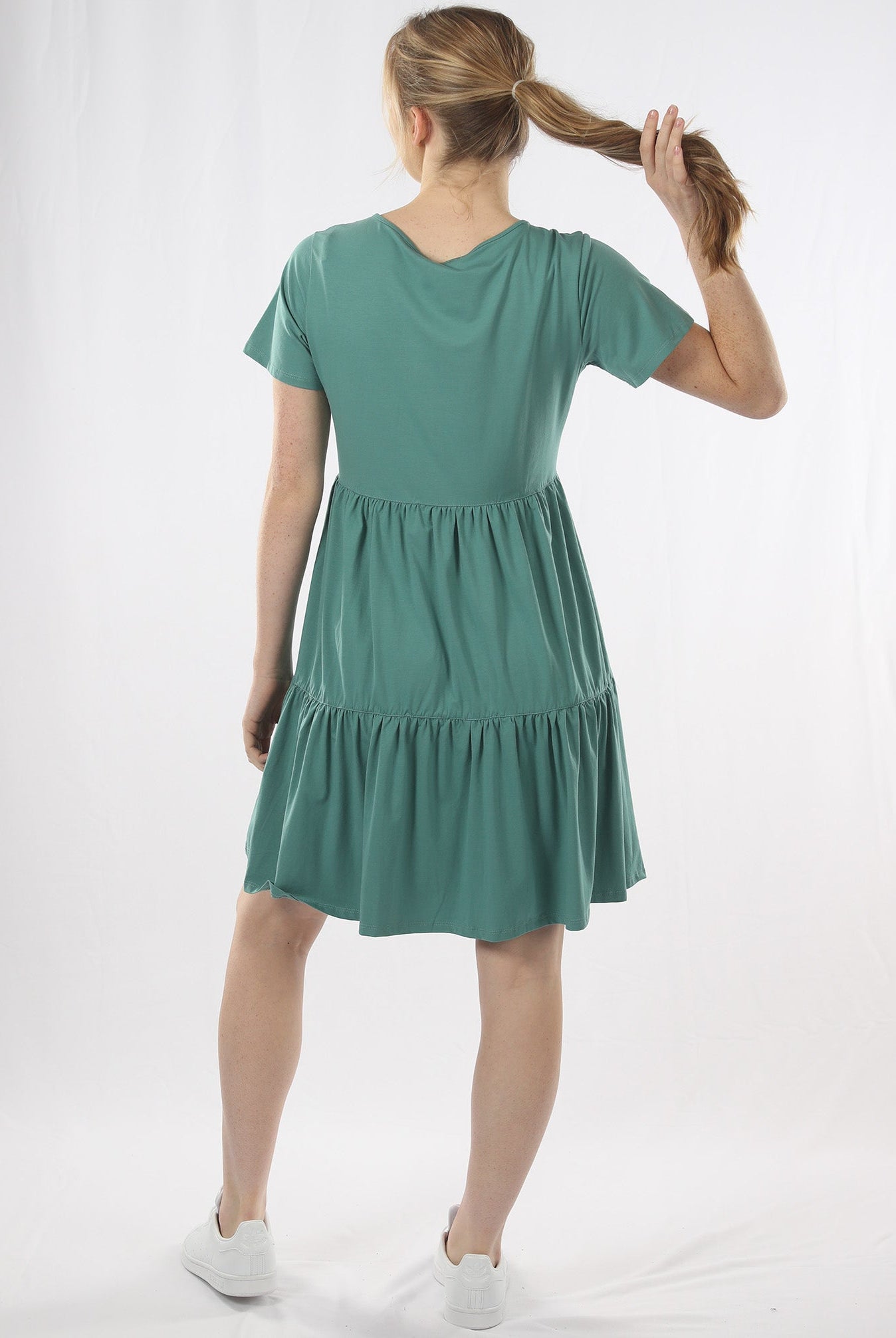 Back view - A Pregnant Woman in Sage Green Maternity Tiered Dress (6708003635303)
