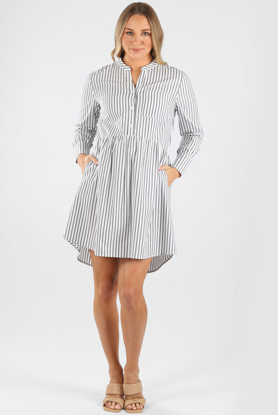 Front view - Iris Navy Stripes 100% Cotton Maternity & Nursing Dress (6659259596894)