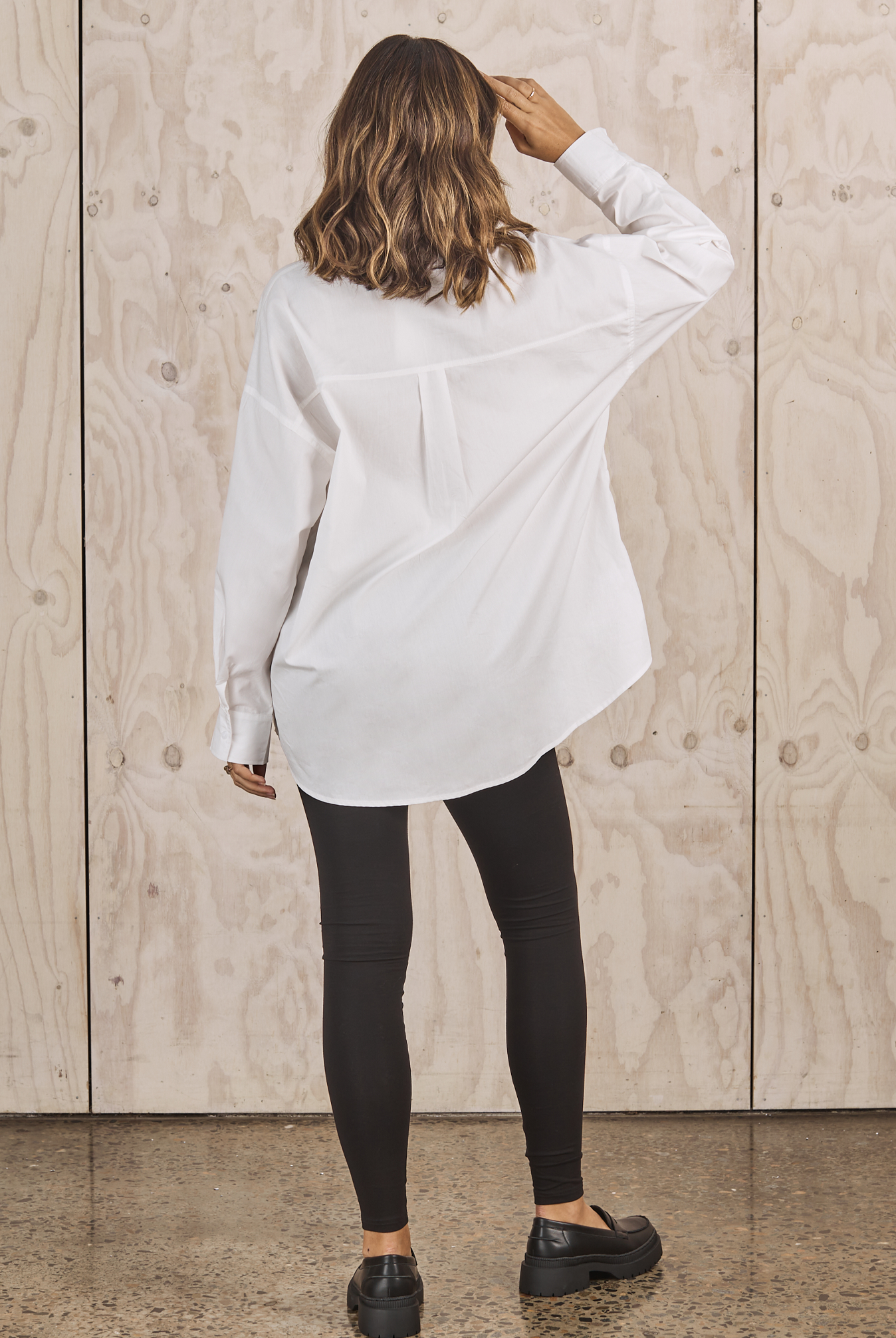 Back view Maternity White button up shirt