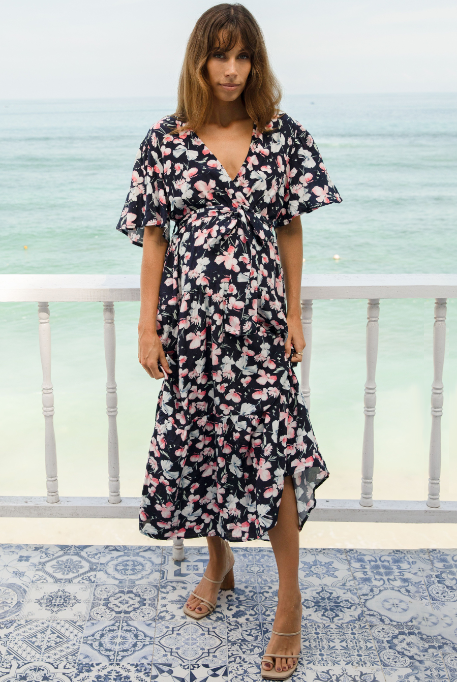 A woman in baby shower navy floral print maternity dress, main (6659011674206)