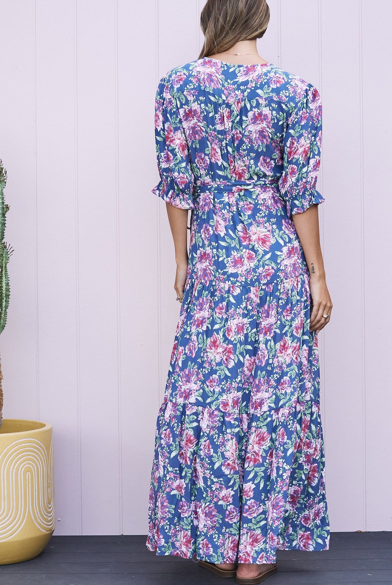 Elise Baby Shower Maternity Wrap Dress in Blue Flora - Angel Maternity USA