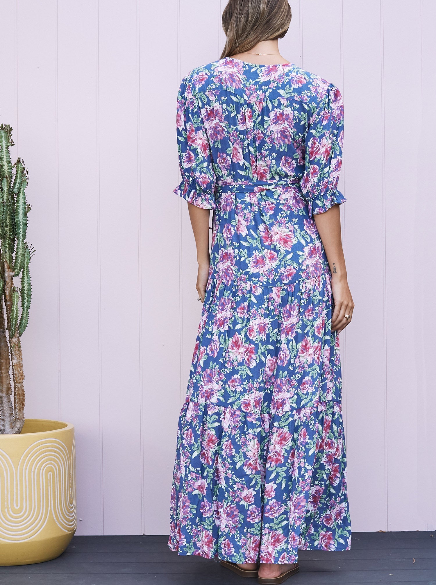 Elise Baby Shower Maternity Wrap Dress in Blue Flora - Angel Maternity USA