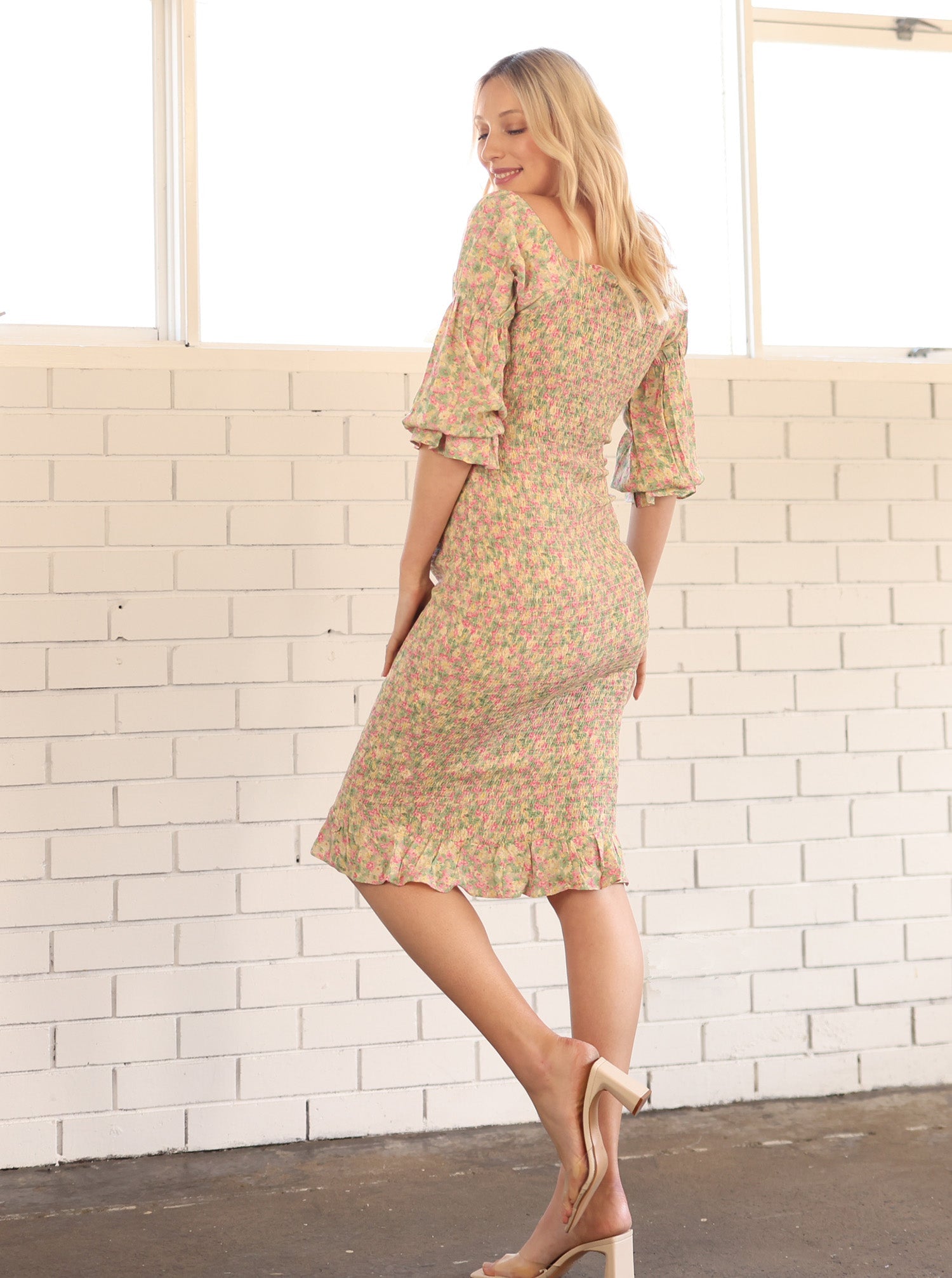 Back View - Helen Baby Shower Smock Dress in Green Flora (6716701442151) (6735025274974)