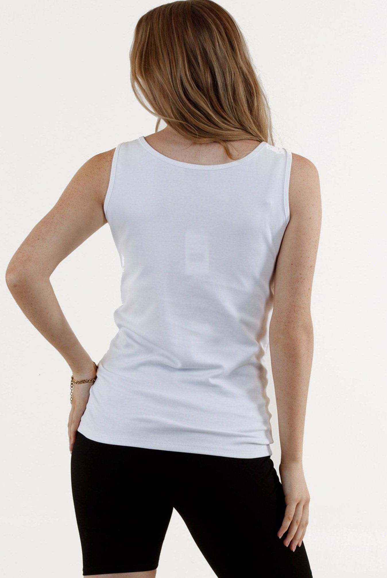 Back View - A Pregnannt Woman Wearing Maya Maternity & Nursing Cotton Tank in White from Angel Maternity.