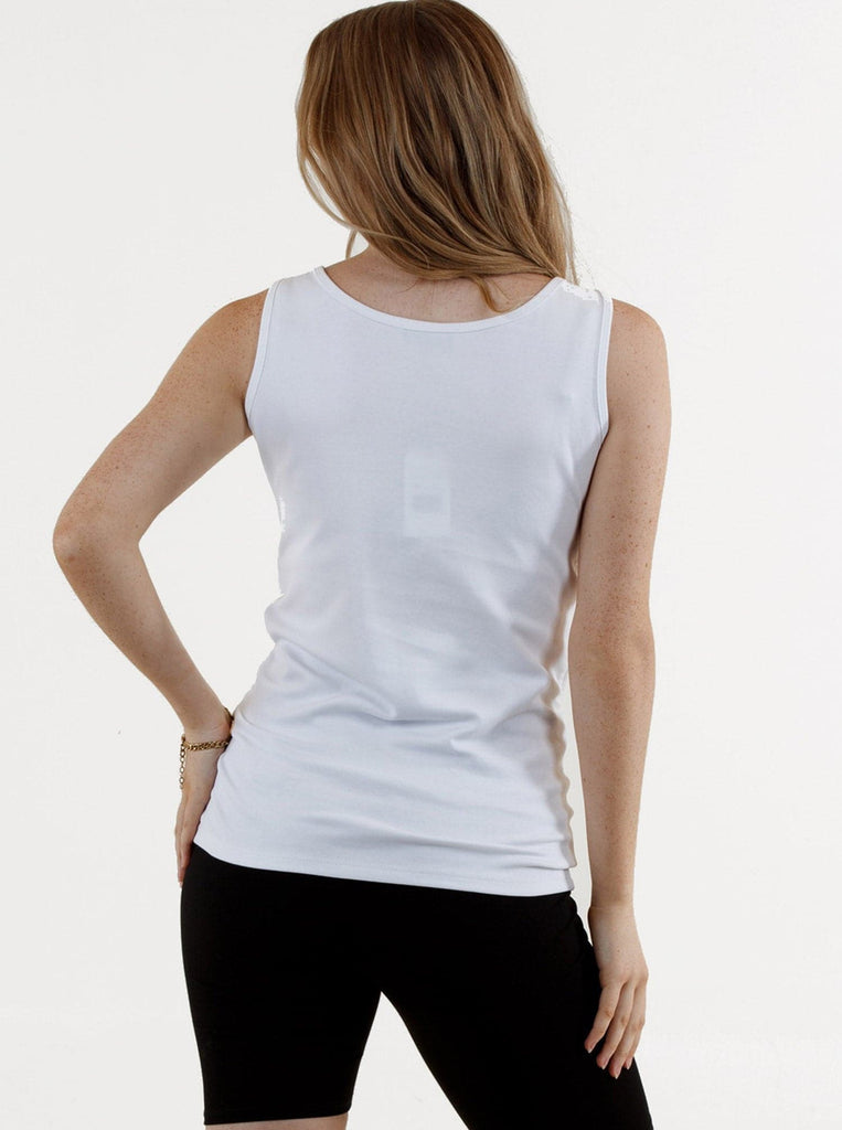 Back View - A Pregnannt Woman Wearing Maya Maternity & Nursing Cotton Tank in White from Angel Maternity.