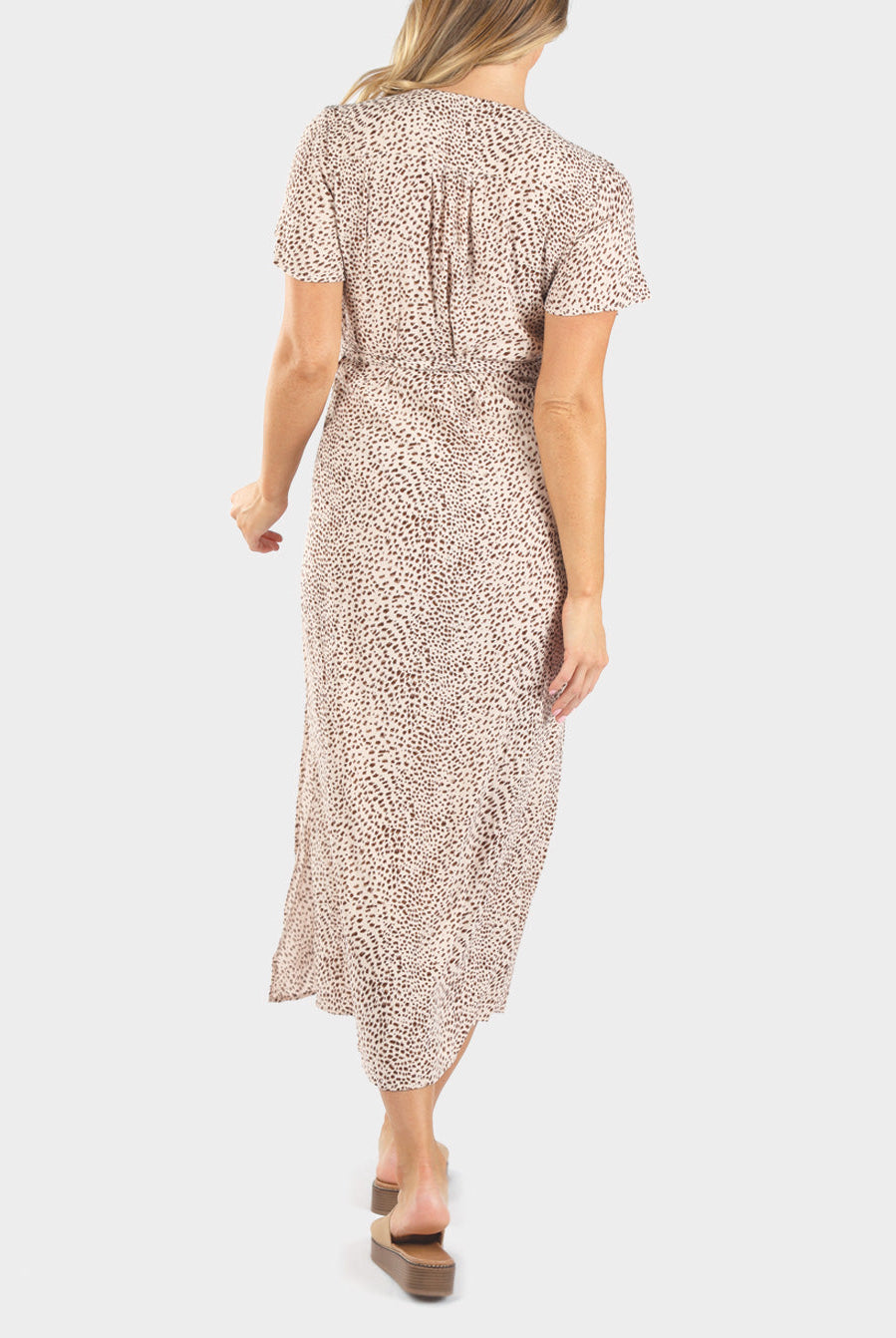 Back view - A woman in beige leopard print maternity nursing wrap dress, (6659012821086)