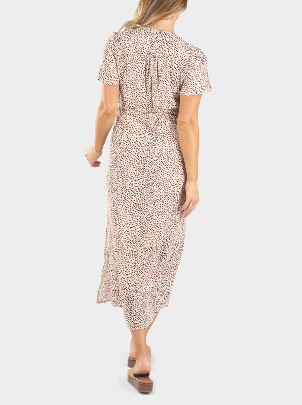 Back view - A woman in beige leopard print maternity nursing wrap dress, (6659012821086)
